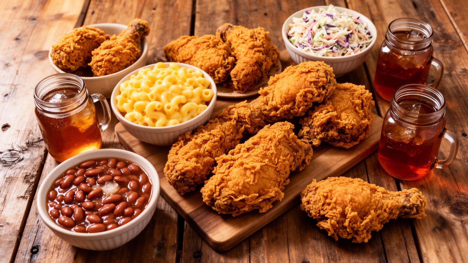 Gus's World Famous Fried Chicken catering spread with golden crispy chicken, mac and cheese, sides and sweet tea